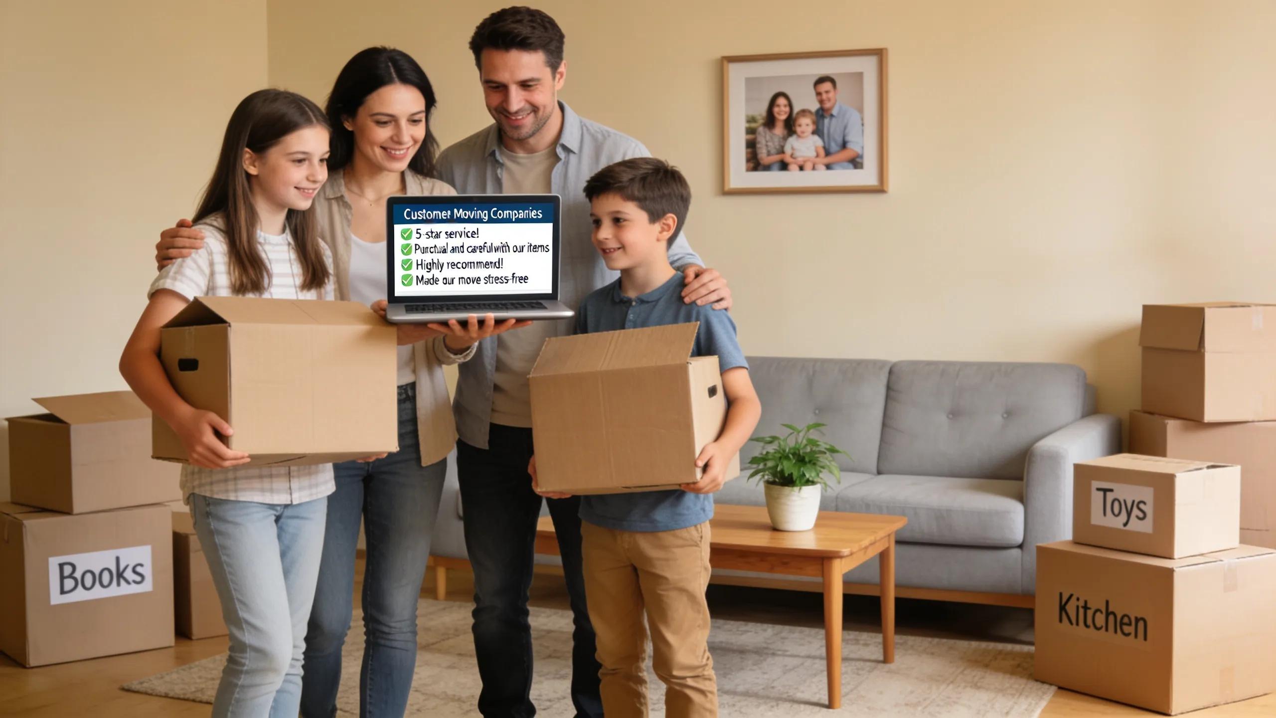 Family reading customer reviews while unpacking in their new home