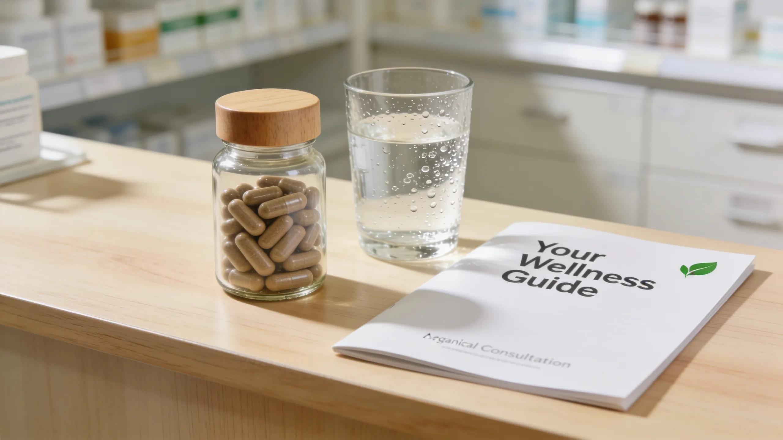 Organic beef liver capsules with a glass of water and a brochure, focusing on safety and health considerations