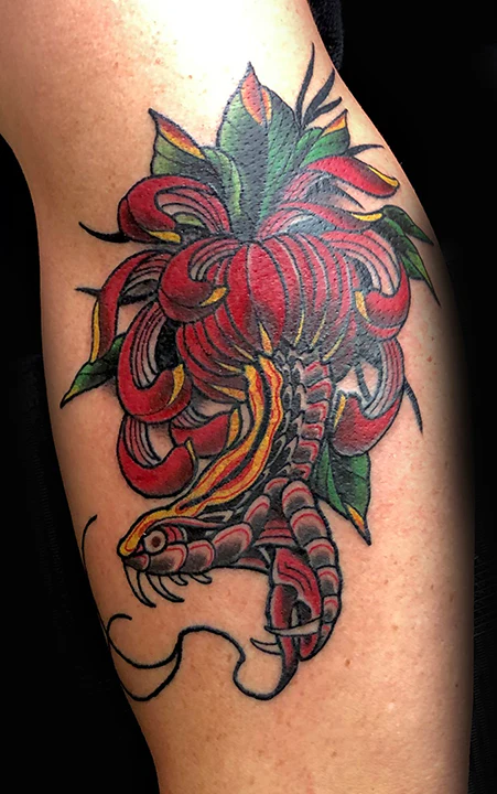 A bold neo-traditional or Japanese-style tattoo on a leg showcasing a striking red chrysanthimum flower intertwined with a striped snake or claw motif, featuring vibrant green leaves.