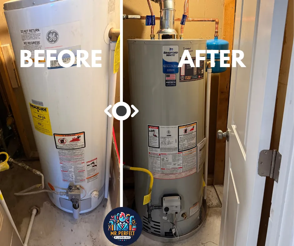 Plumber installing a tankless water heater in a utility room, highlighting plumbing expertise