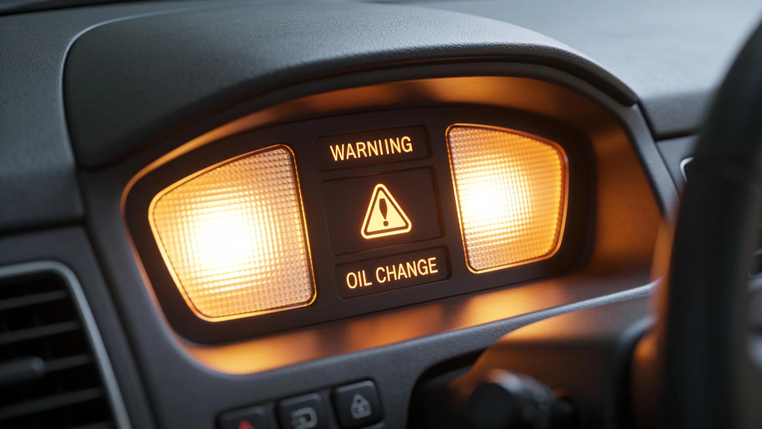 Car dashboard showing oil change and maintenance warning lights