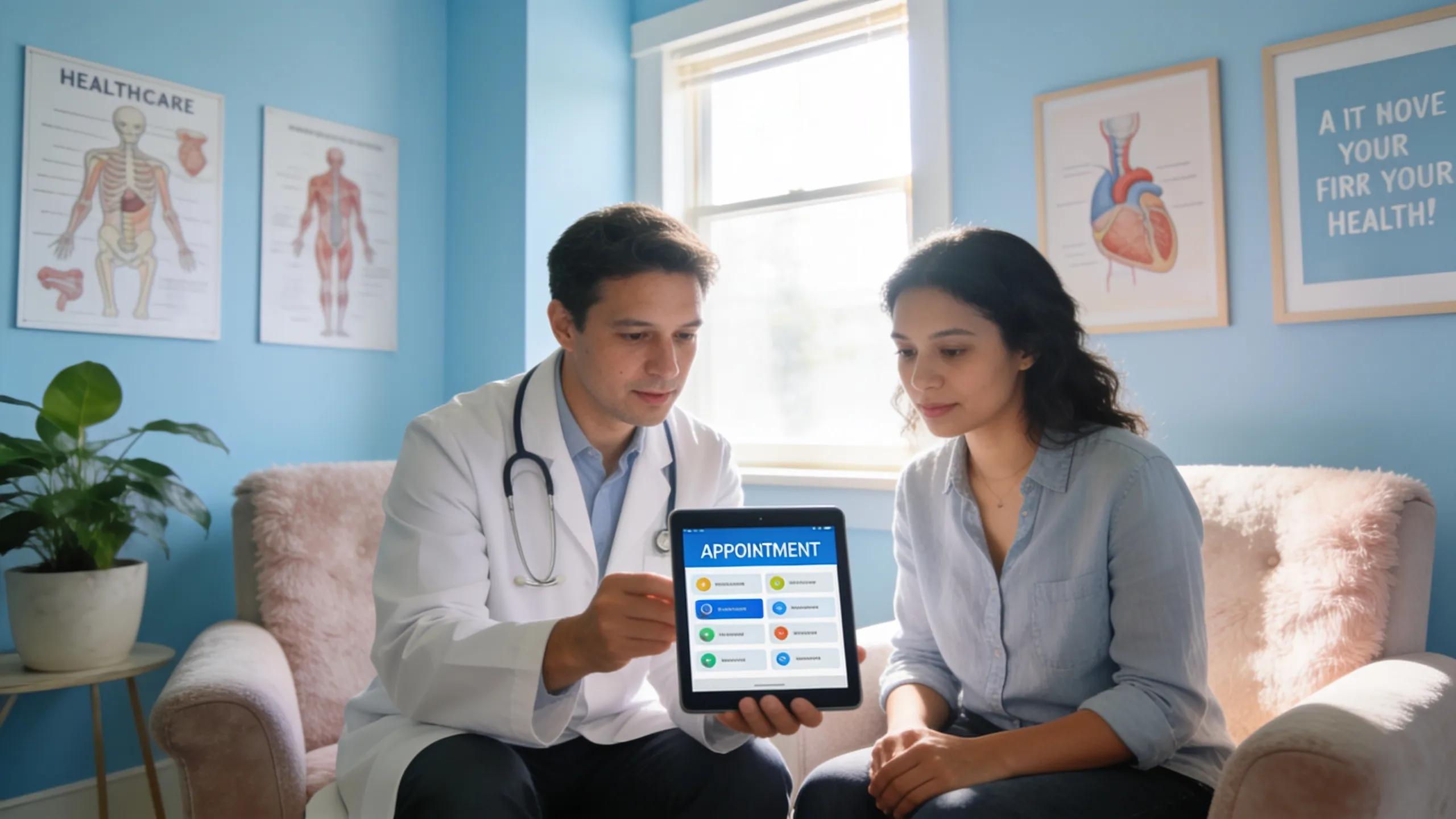 Healthcare professional using a tablet to engage with a patient during an appointment