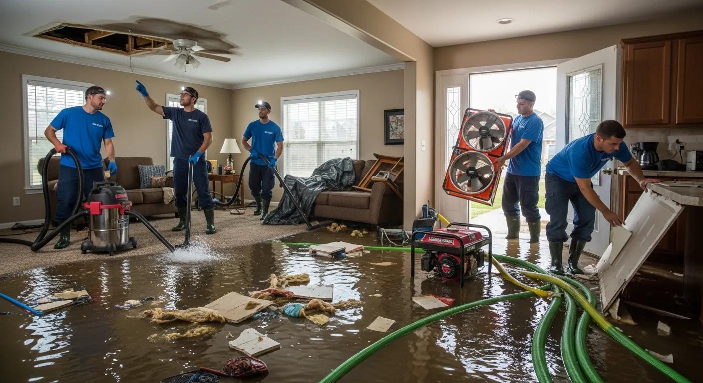 Team of professionals conducting storm damage restoration in a flooded home