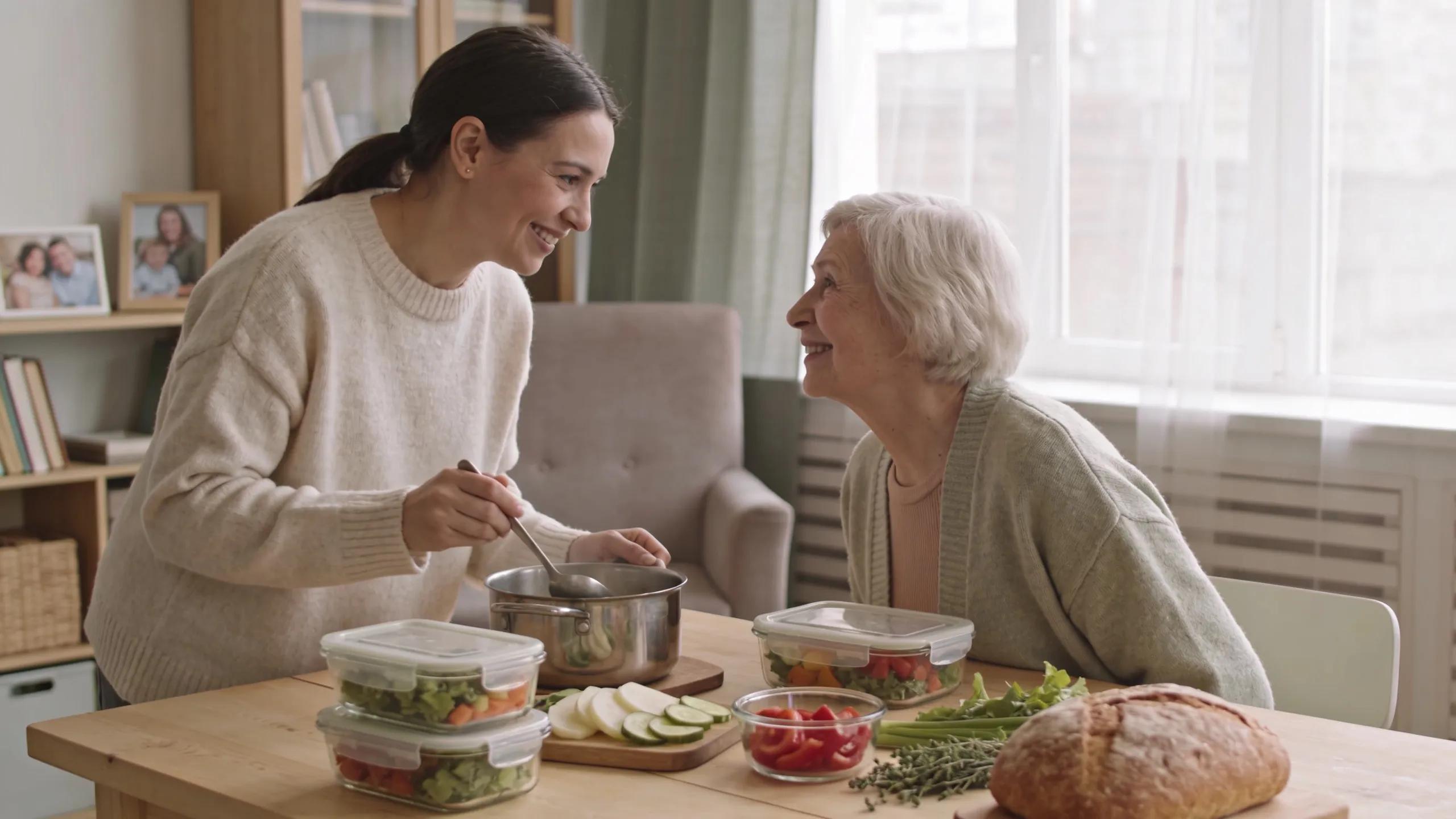 A caregiver preparing a meal for a senior in a cozy living room, showcasing the importance of meal preparation services for elderly nutrition
