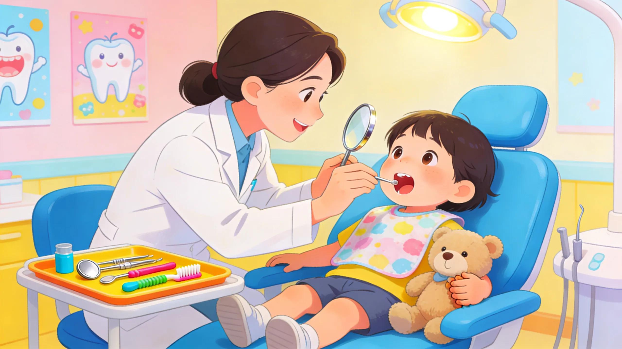 Pediatric dentist performing a routine check-up on a young child in a bright and cheerful dental setting