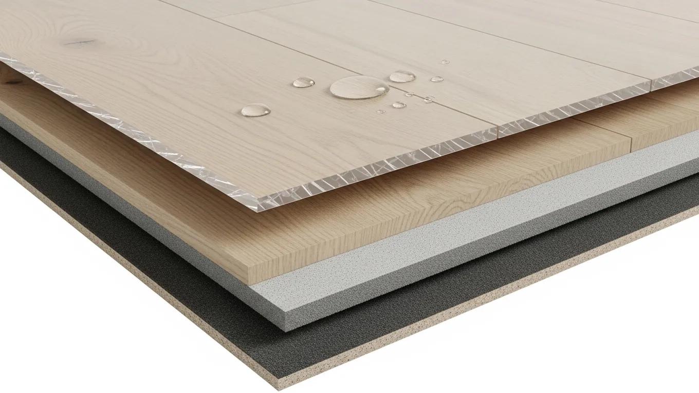 Luxury vinyl plank flooring layers showcasing water-resistant surface and durable core materials, emphasizing durability and moisture protection.