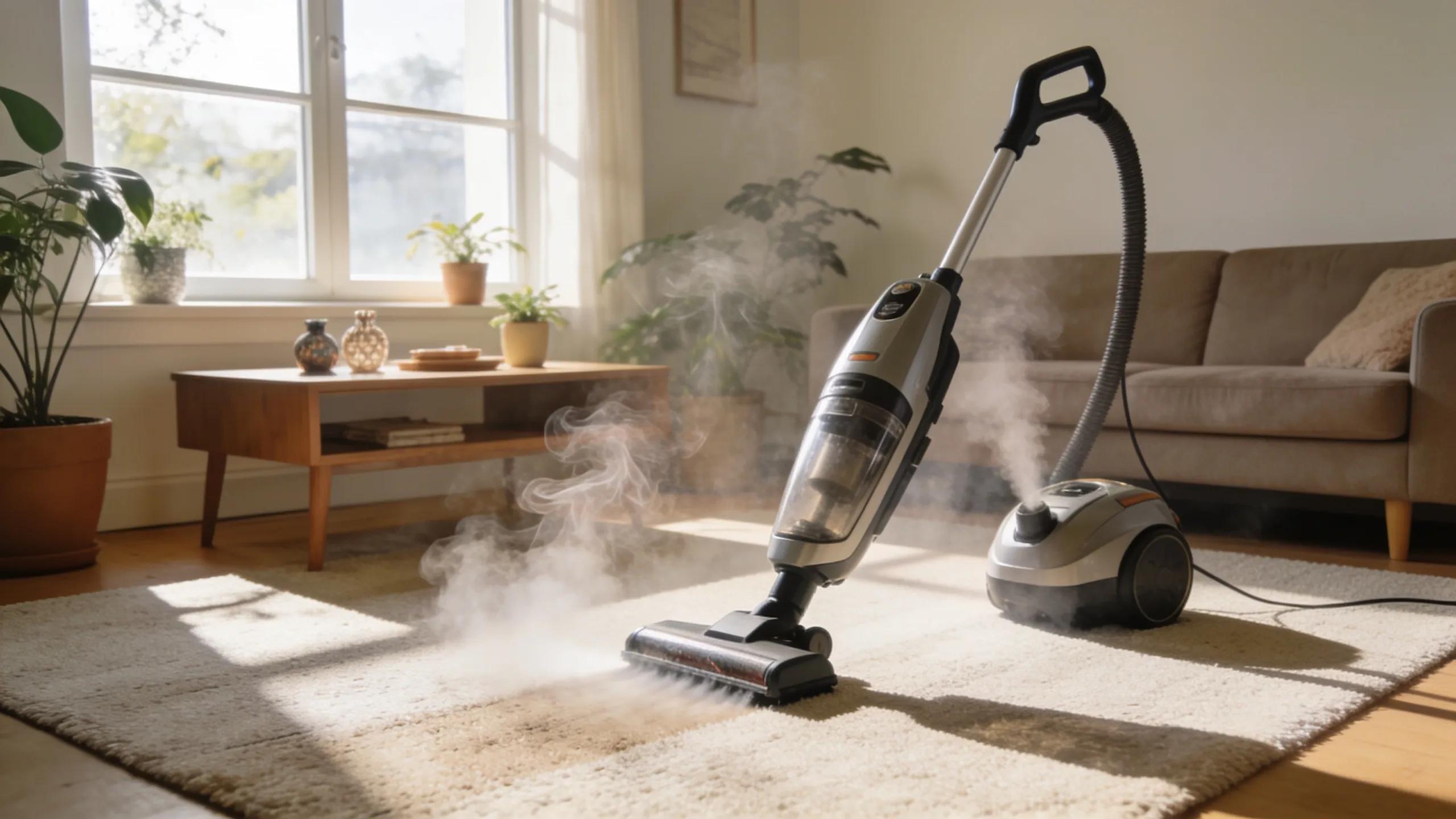 Steam cleaner in action in a bright living room, representing effective cleaning solutions