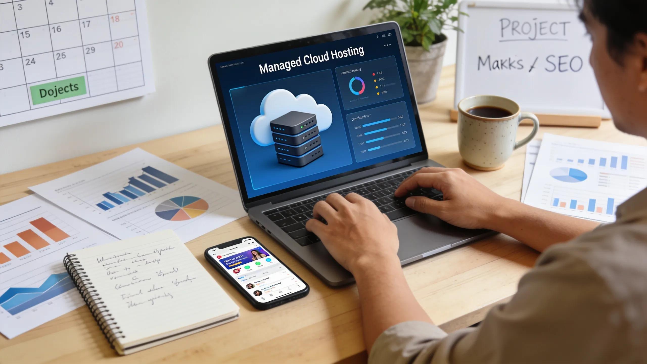 Small business owner integrating managed cloud hosting with digital marketing efforts at a workspace