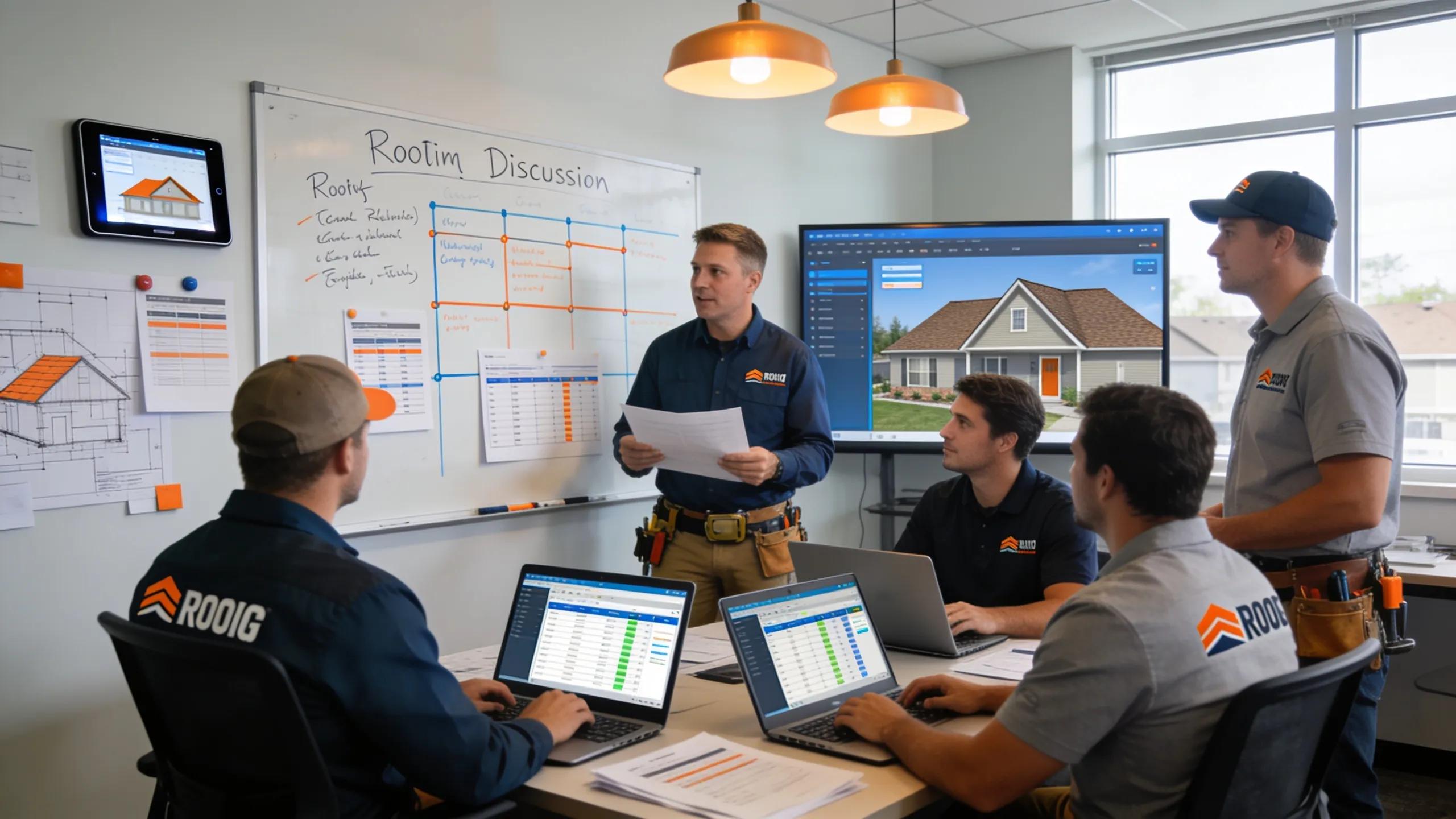 Roofing contractors collaborating on project management in a modern office with digital tools