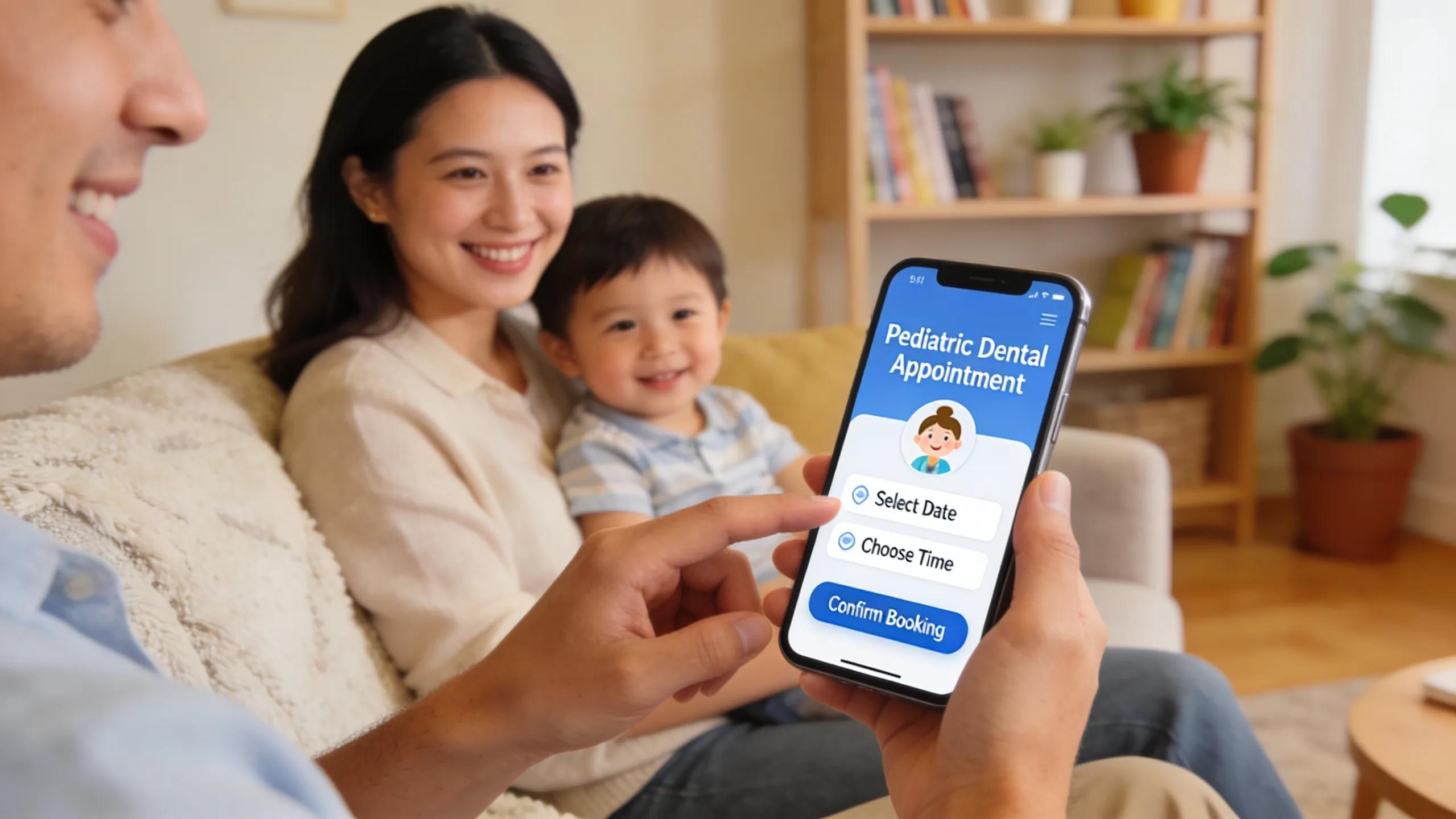 Parent scheduling a pediatric dental appointment online using a smartphone in a cozy home environment