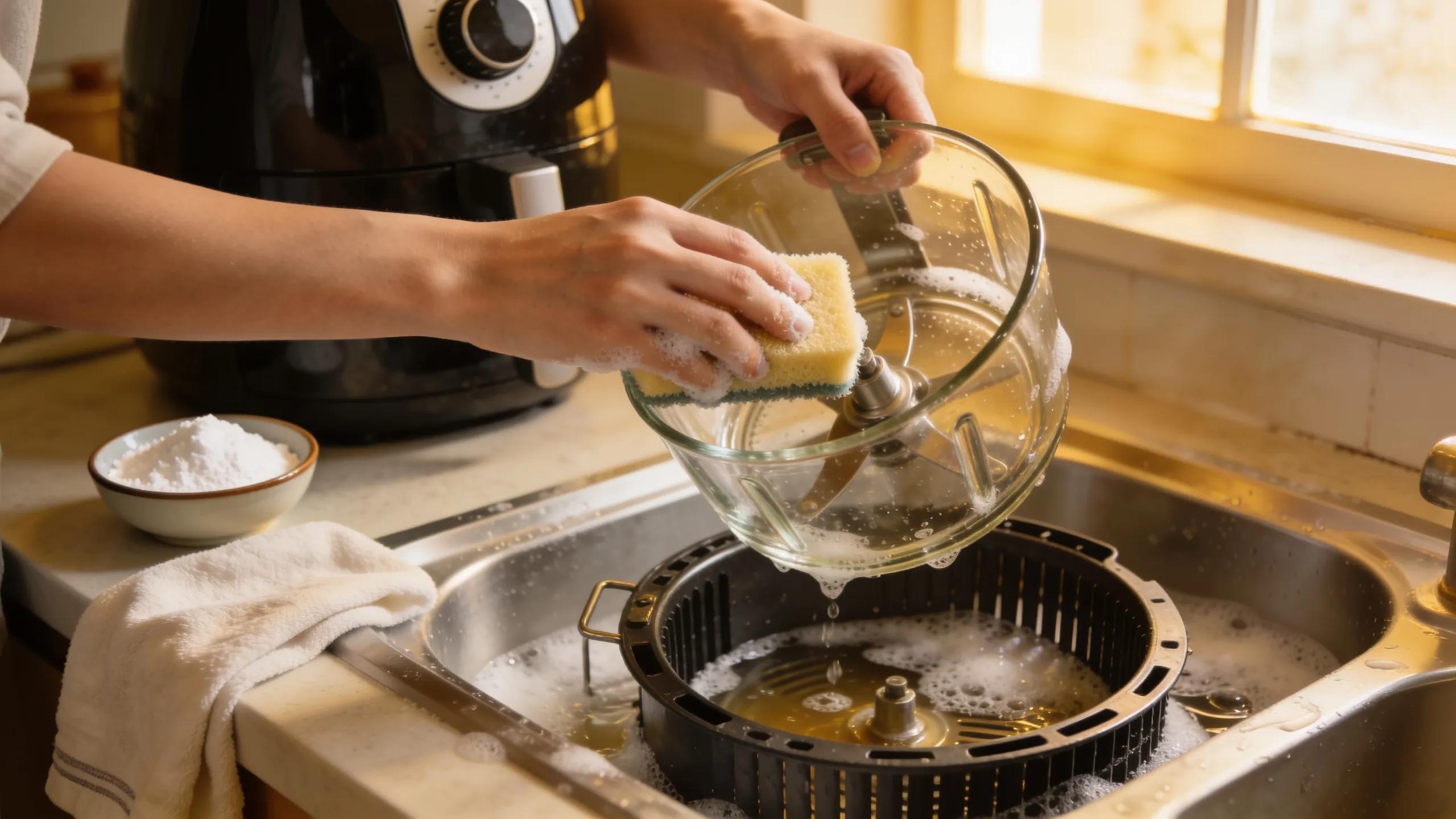 Person cleaning glass air fryer components in warm soapy water, illustrating deep cleaning techniques