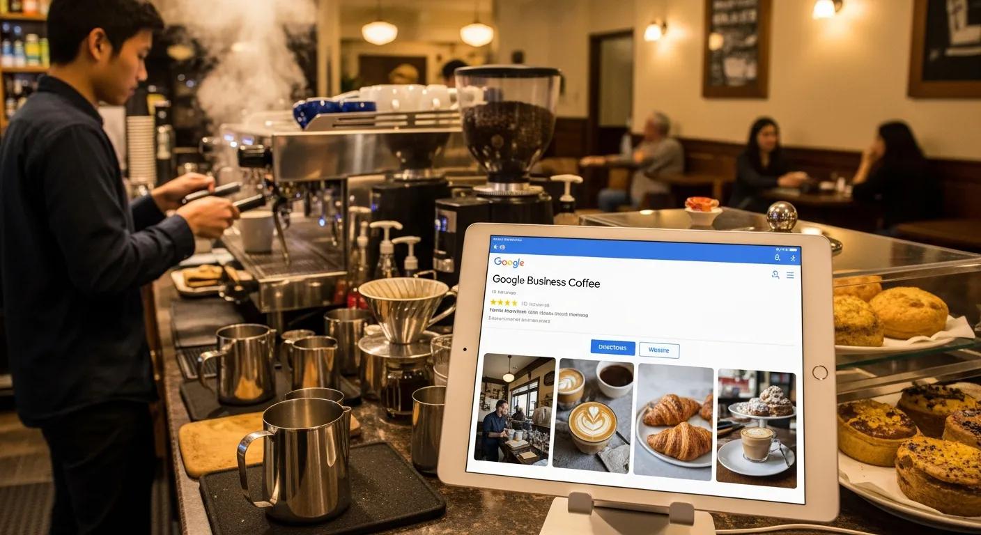Local coffee shop showcasing Google Business Profile on a tablet at the counter Local coffee shop showcasing Google Business Profile on a tablet at the counter