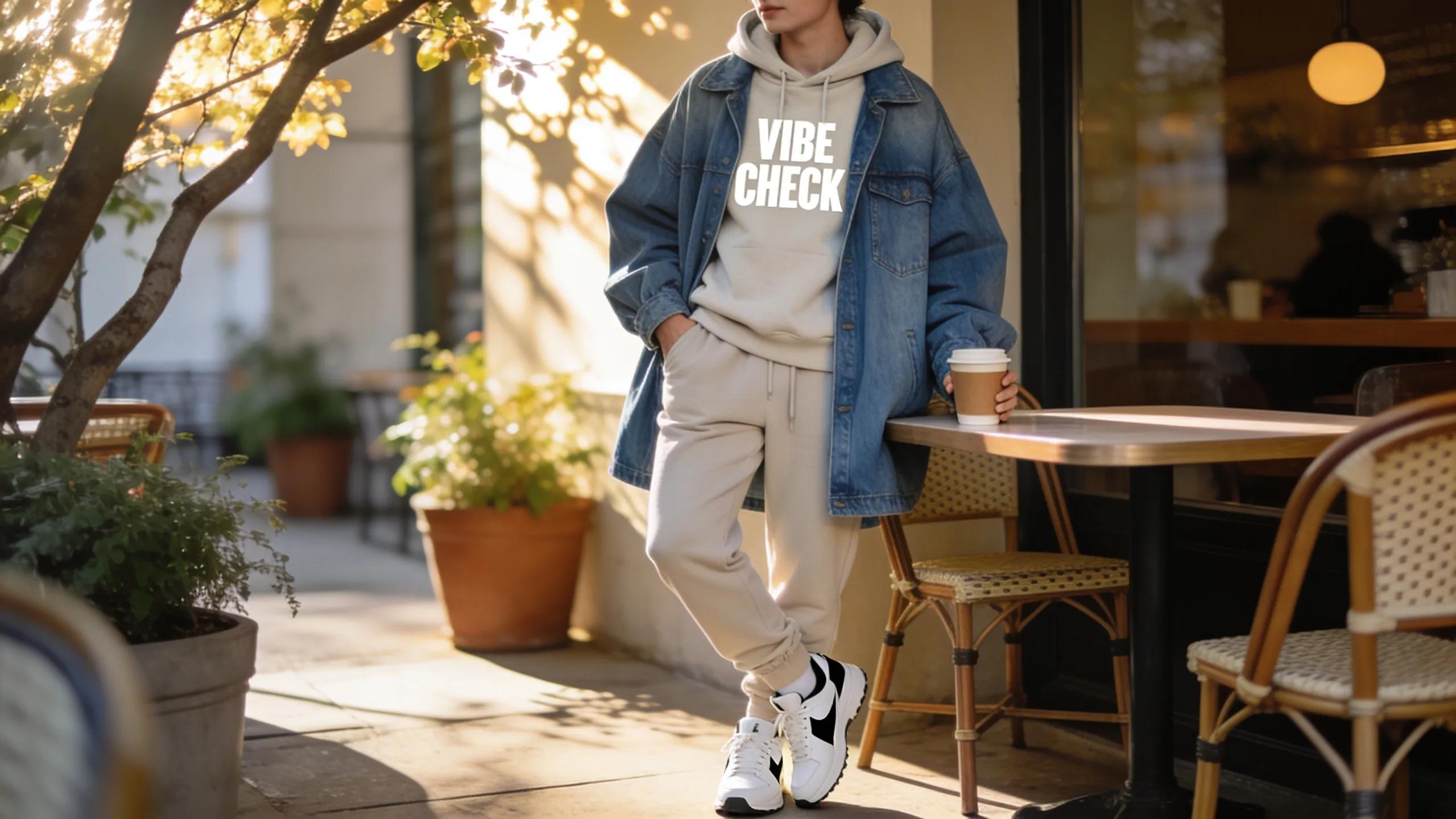 Close-up of stylish accessories paired with a catchphrase hoodie, including a beanie and necklace