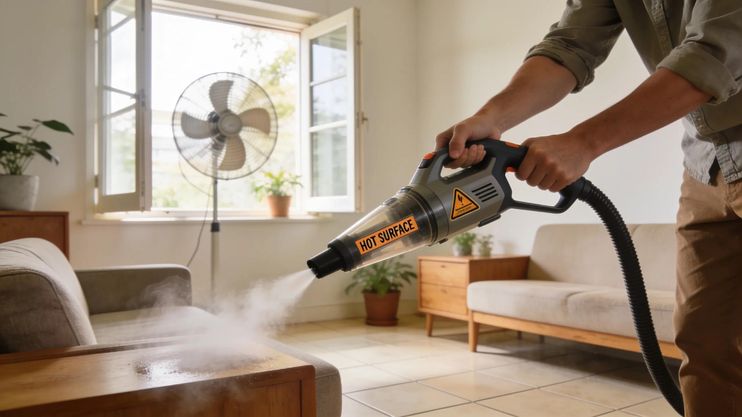 User practicing safety precautions while steam cleaning in a Melbourne apartment living room