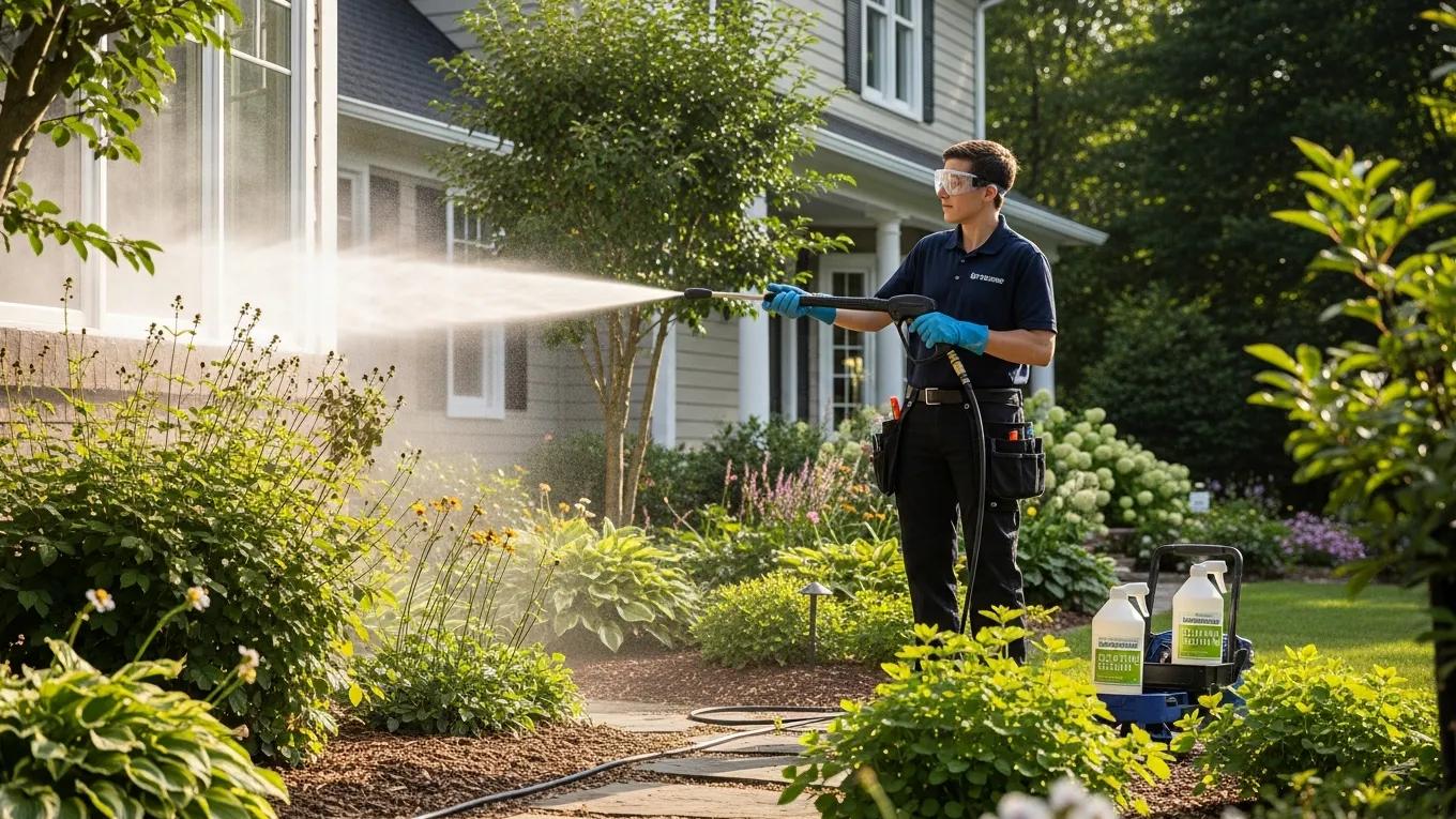 Technician using biodegradable cleaning solutions in a garden during professional house washing