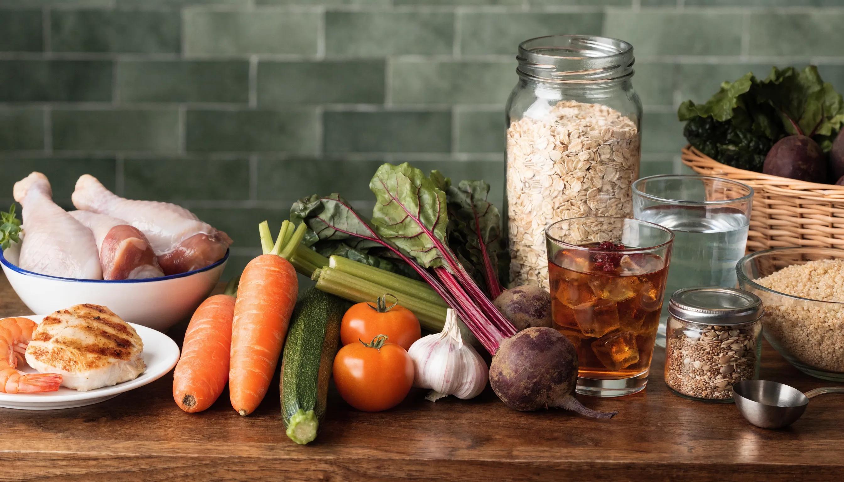 A variety of nutritious foods laid out, representing optimal nutrition strategies for muscle maintenance in adults over 40