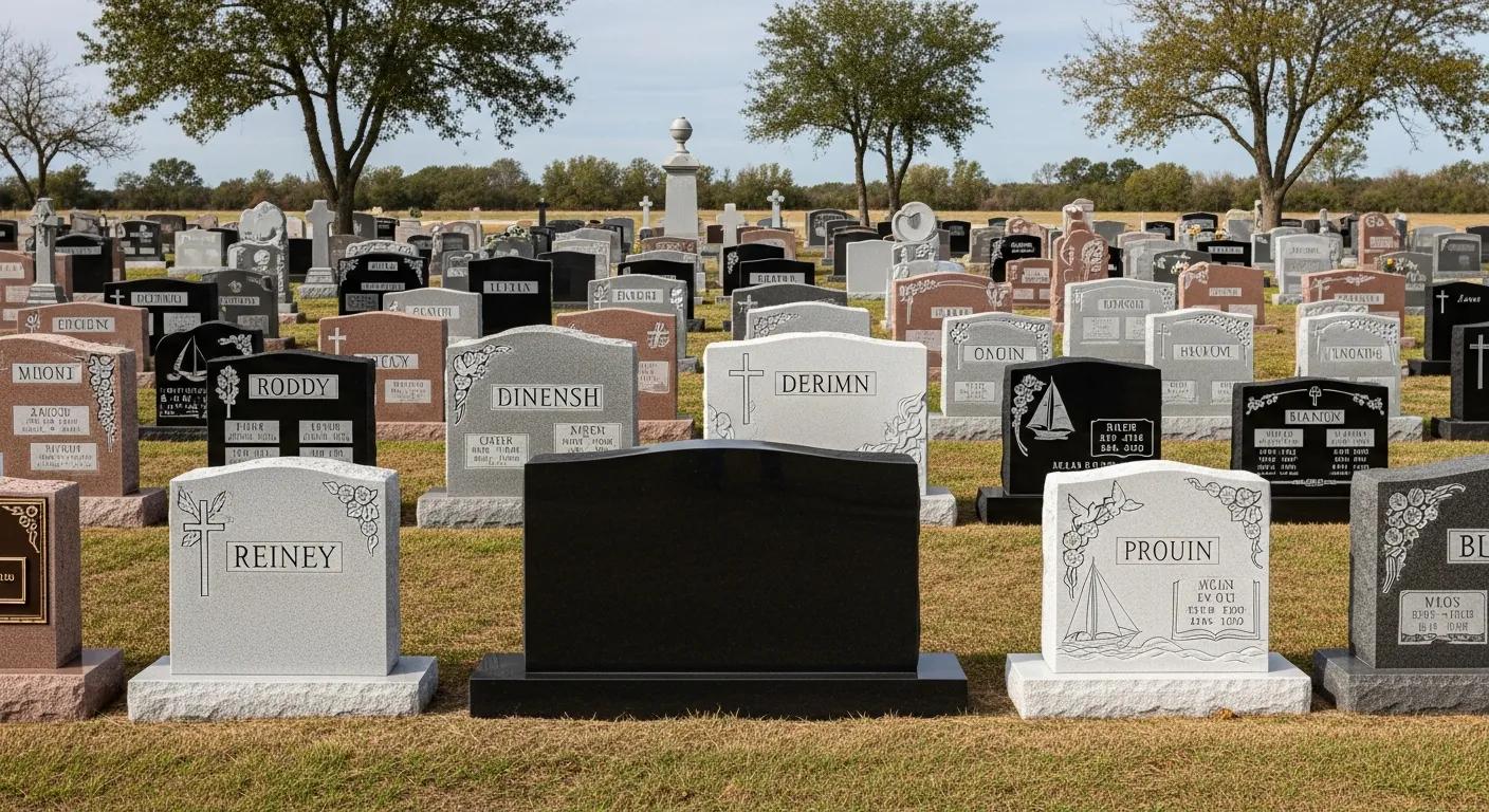 Variety of headstone styles and finishes, showing options for personalized memorials