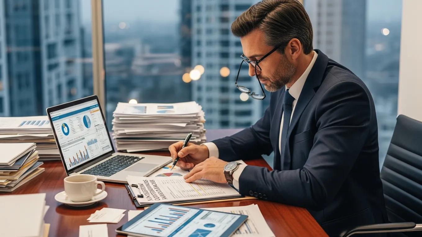 Investor analyzing financial documents for non-performing loans