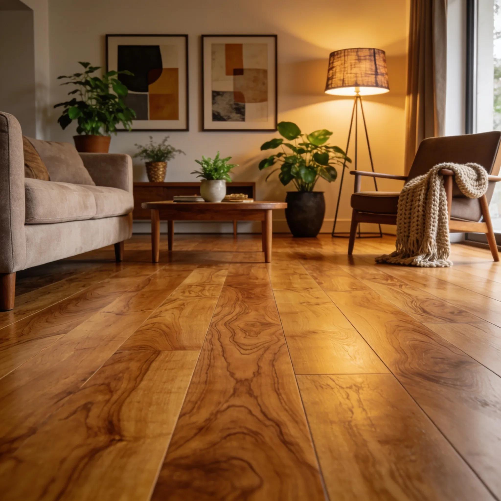 Cozy living room with character-rich hardwood floors and warm decor
