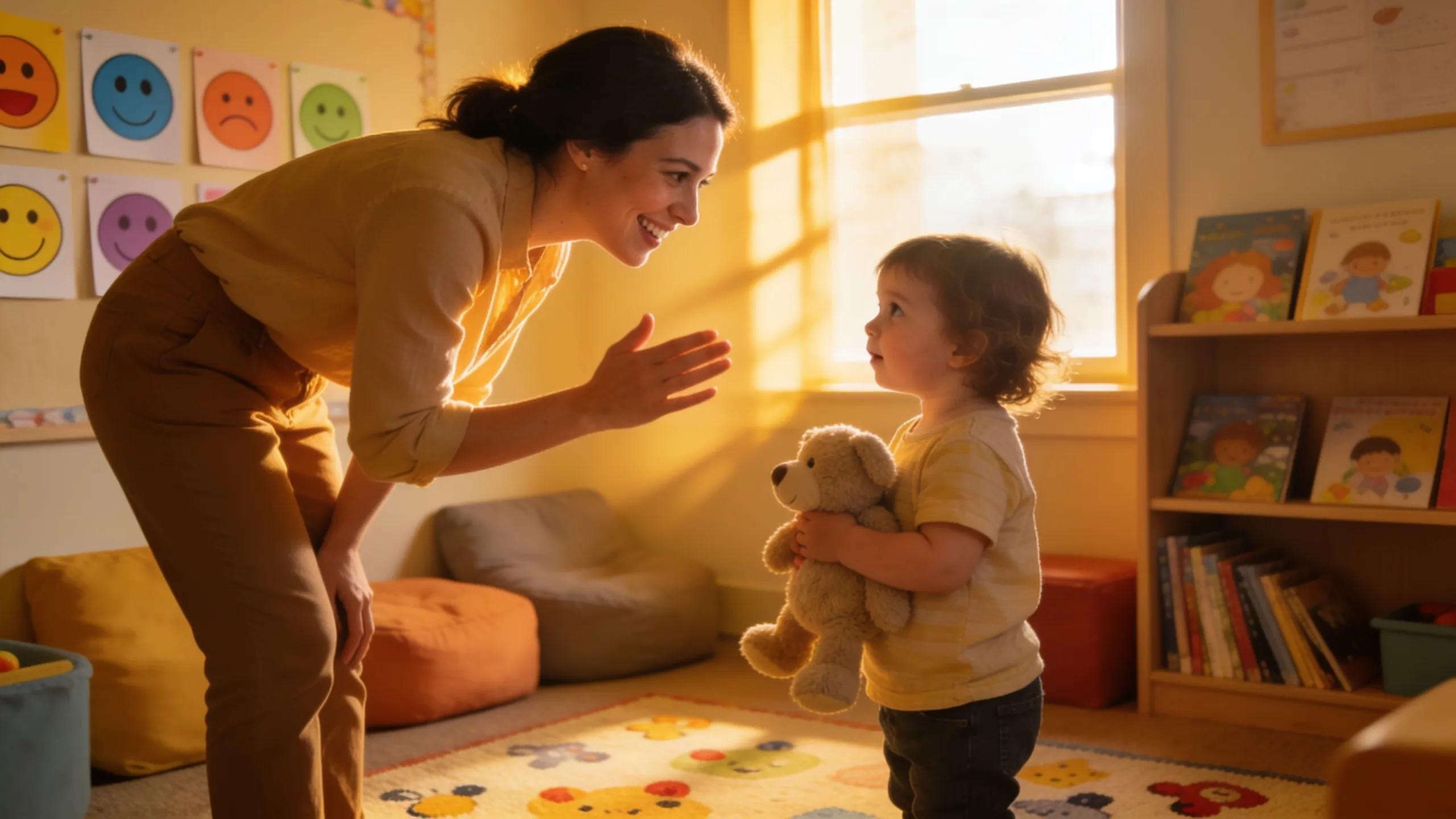 Qualified educator providing emotional support to a toddler in a nurturing classroom setting Qualified educator providing emotional support to a toddler in a nurturing classroom setting