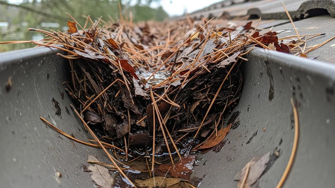 Pine needles and leaves clogging a residential gutter requiring cleaning