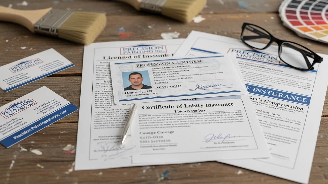 Close-up of a licensed painter's credentials and insurance documents on a work table