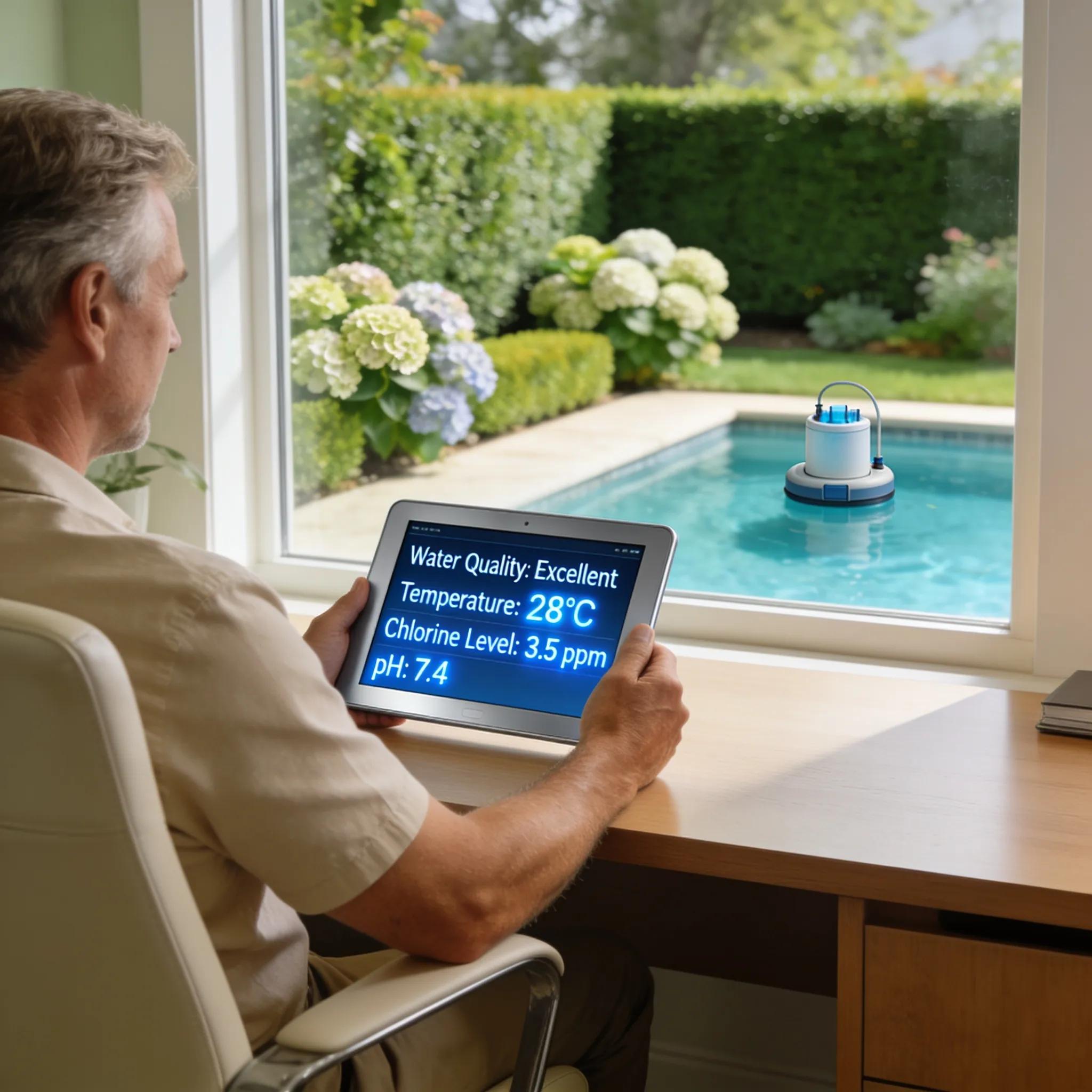 Homeowner using a tablet to monitor swimming pool remotely, showcasing pool health technology