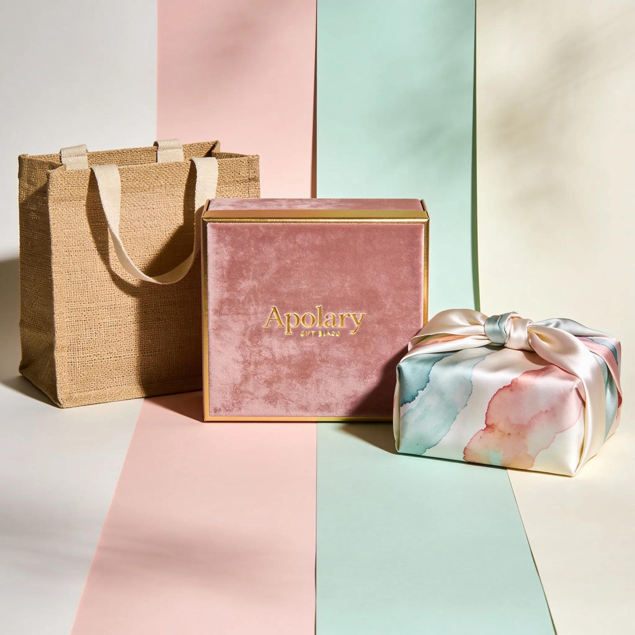 Display of various apology gift packaging options showcasing luxury boxes, eco-friendly bags, and decorative wraps