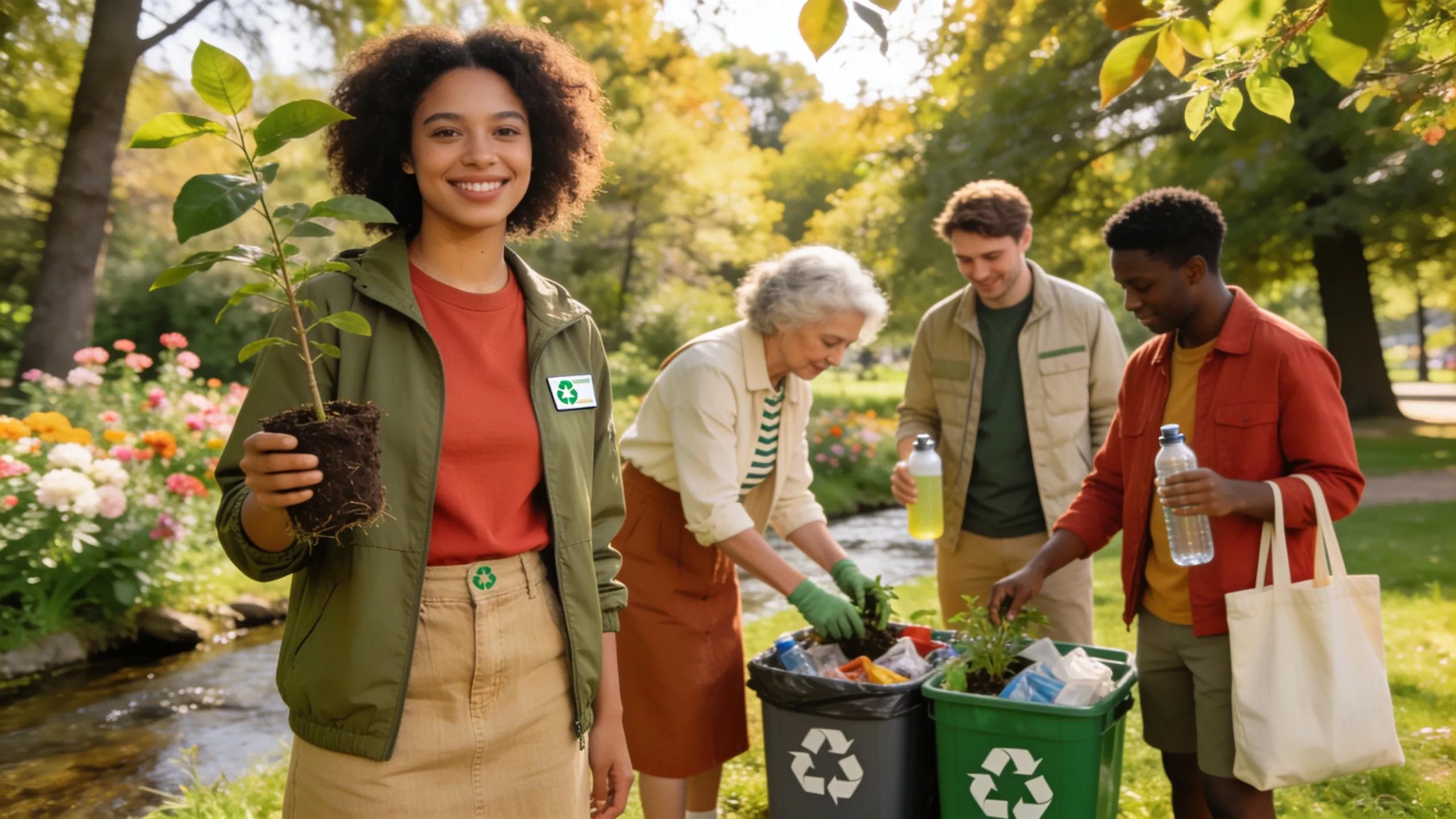 Diverse individuals wearing sustainable clothing outdoors, highlighting eco-friendly fashion and lifestyle