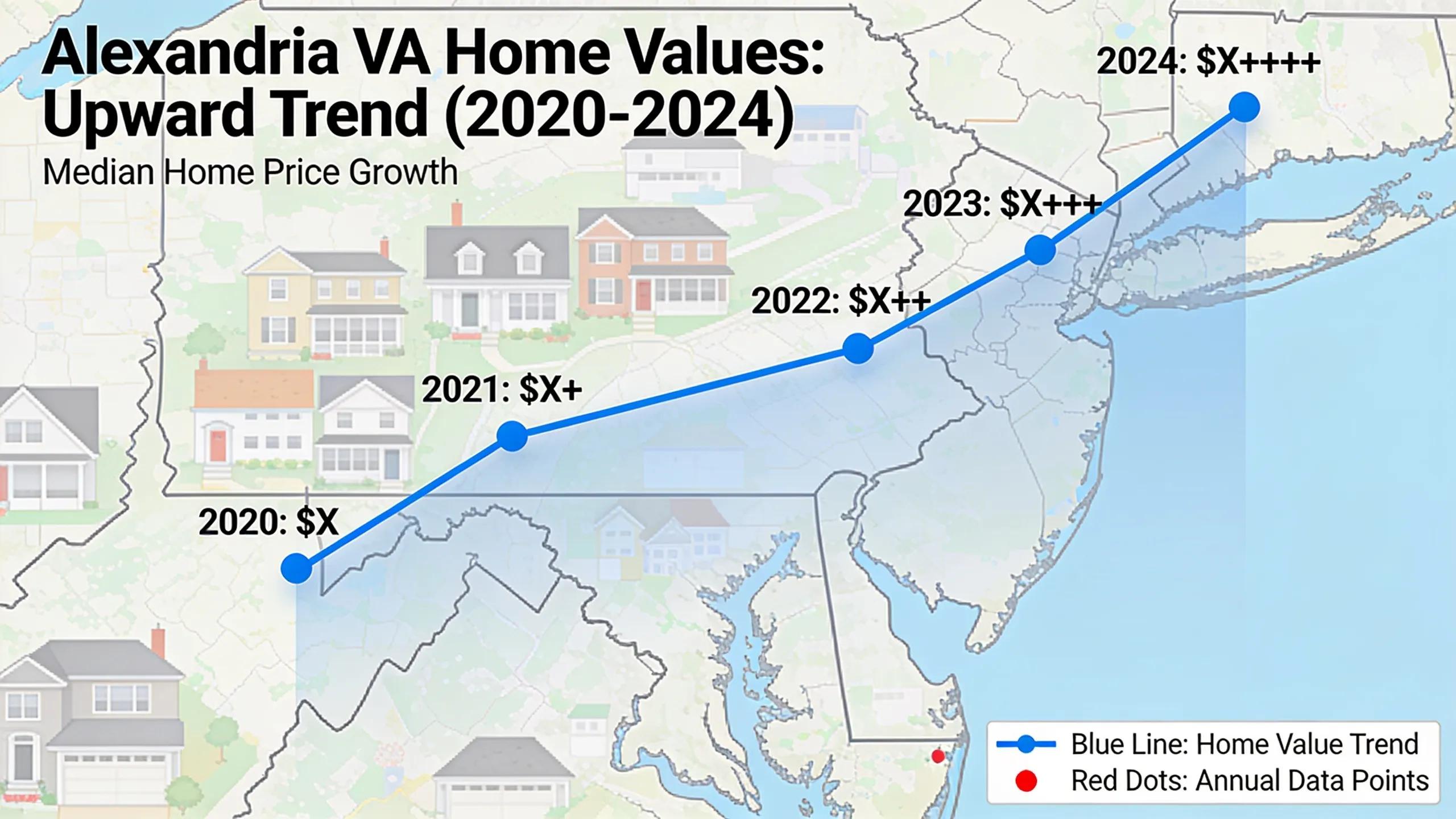 Alexandria VA homes with upward home value trend graphic overlay