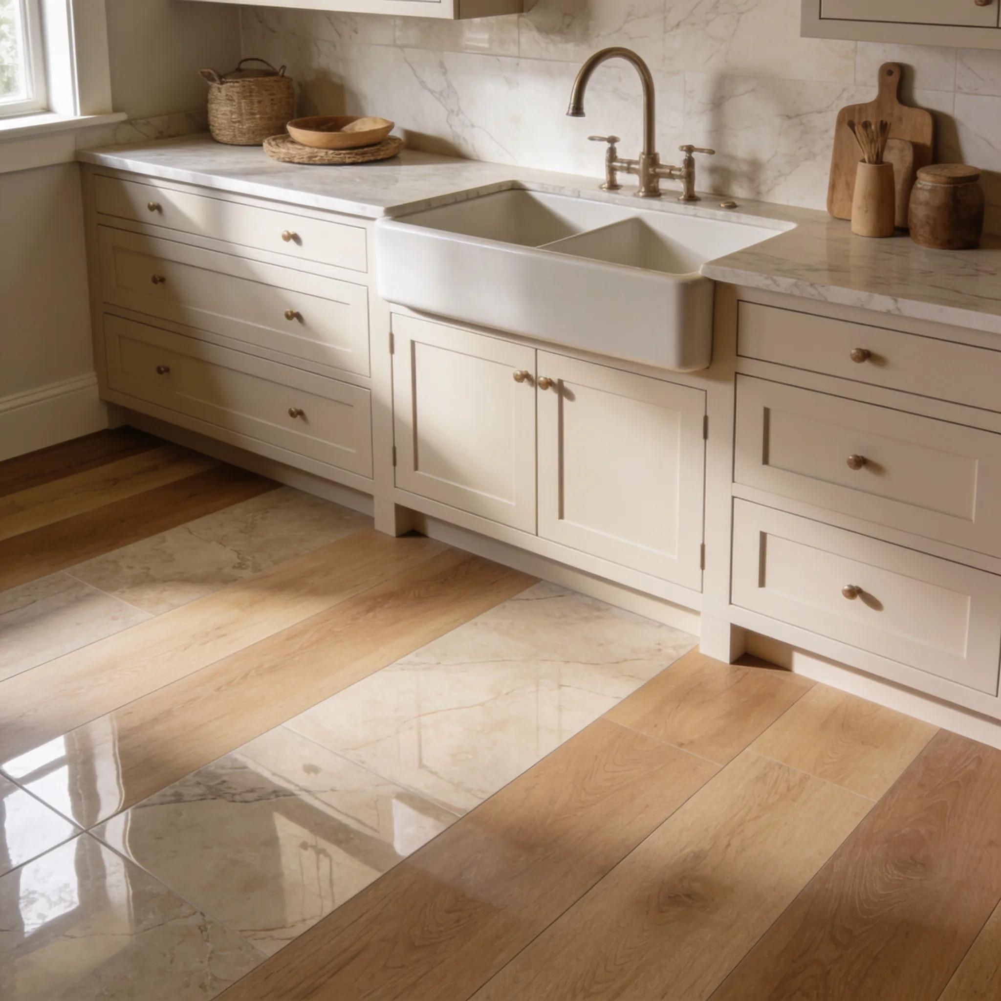 Modern kitchen with luxury vinyl planks that replicate wood grain—durable and visually rich.