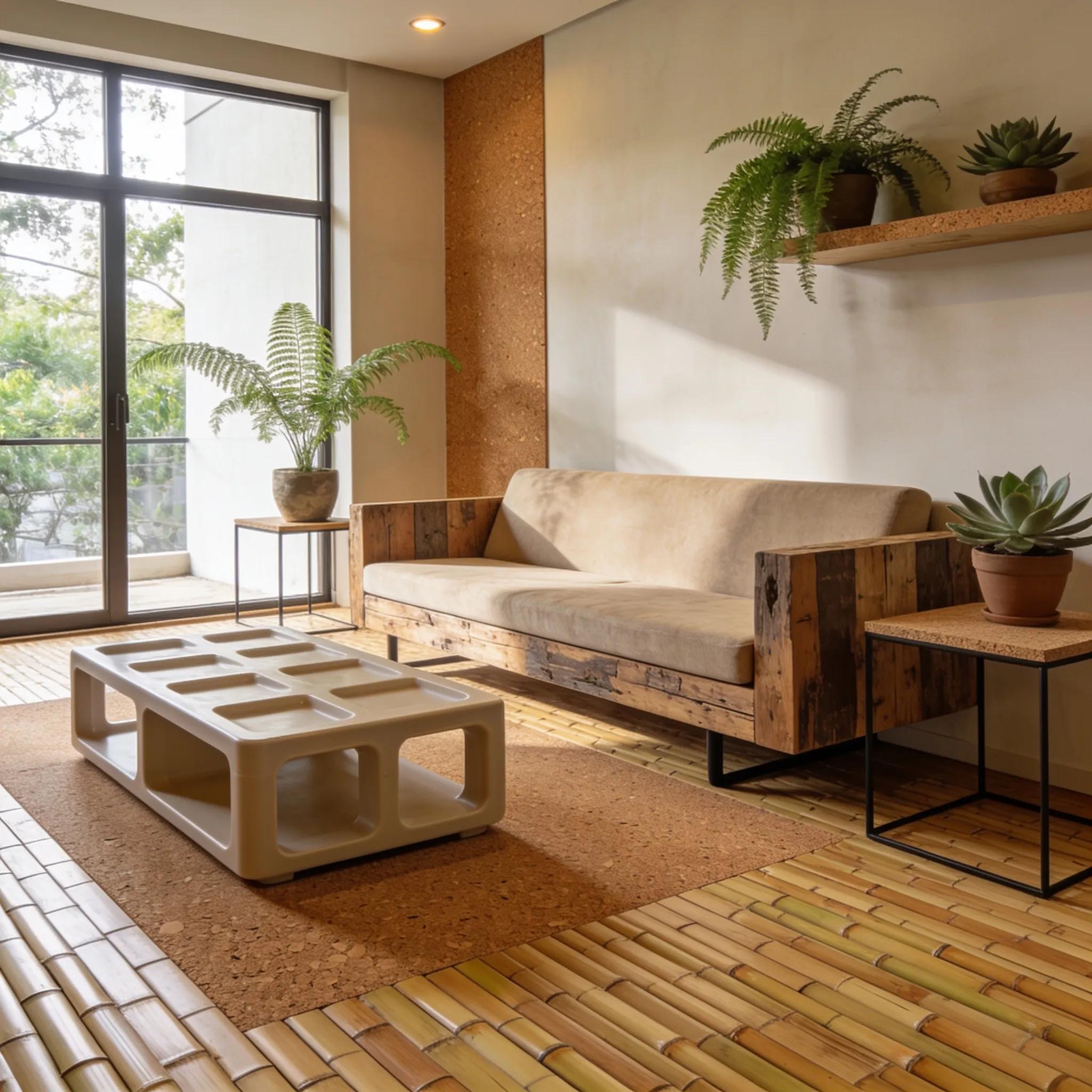 Stylish living room showing bamboo and cork eco-friendly flooring and modern design elements