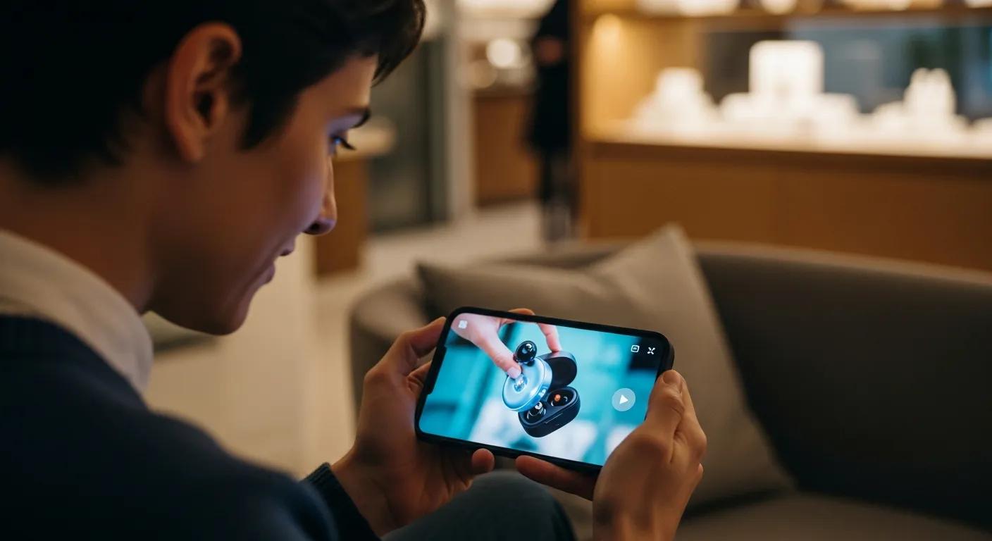 Shopper watching a product video on a phone, illustrating improved engagement in a cozy setting