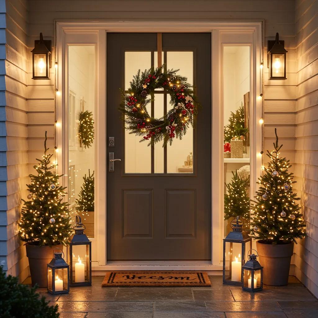 Festive holiday entryway with wreath, cozy textiles, and ambient lighting