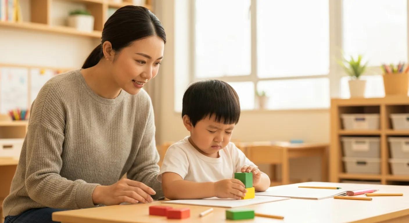 A warm, modern early-learning classroom with soft natural light. A caring teacher gently encourages a young child who is trying to complete a small task, like stacking blocks or drawing. The child shows mild frustration but is still trying, while the teacher offers supportive guidance without taking over. The scene should feel nurturing, realistic, and emotionally authentic — emphasizing growth, resilience, and confidence-building. Use bright, inviting colors and a positive atmosphere.