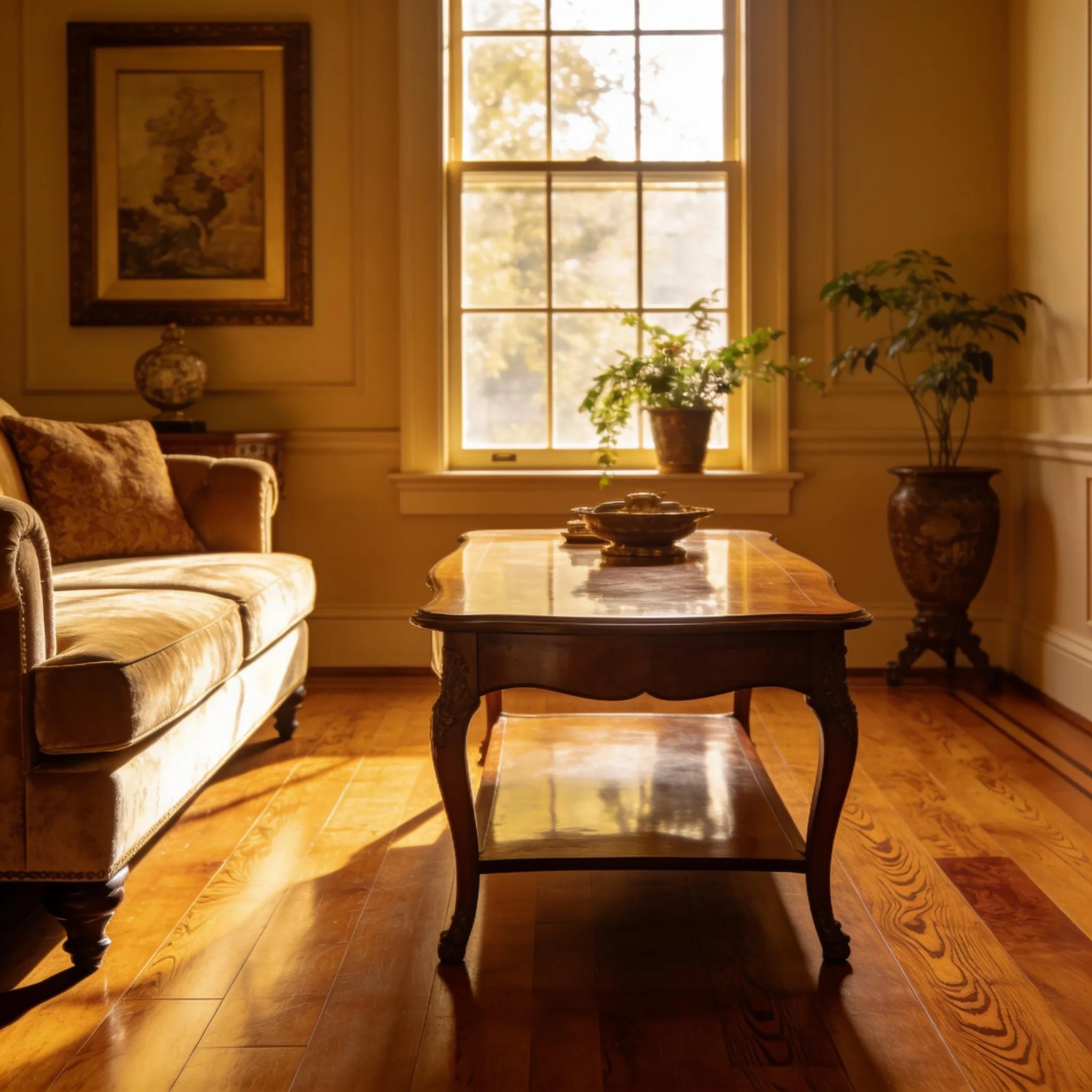 Cozy living room with warm-toned hardwood, highlighting durability and timeless design.