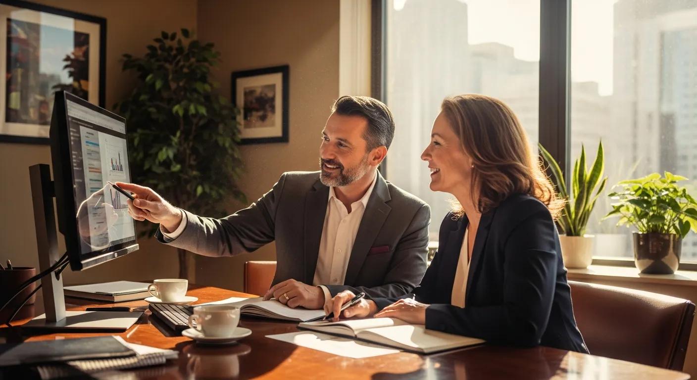Consultant and client reviewing a successful borrower workout plan in a warm office