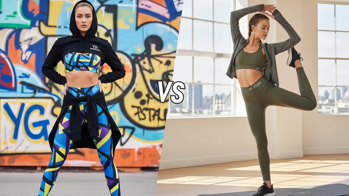 Comparison of YG Brand USA and Alo Yoga activewear styles, highlighting unique designs and color options