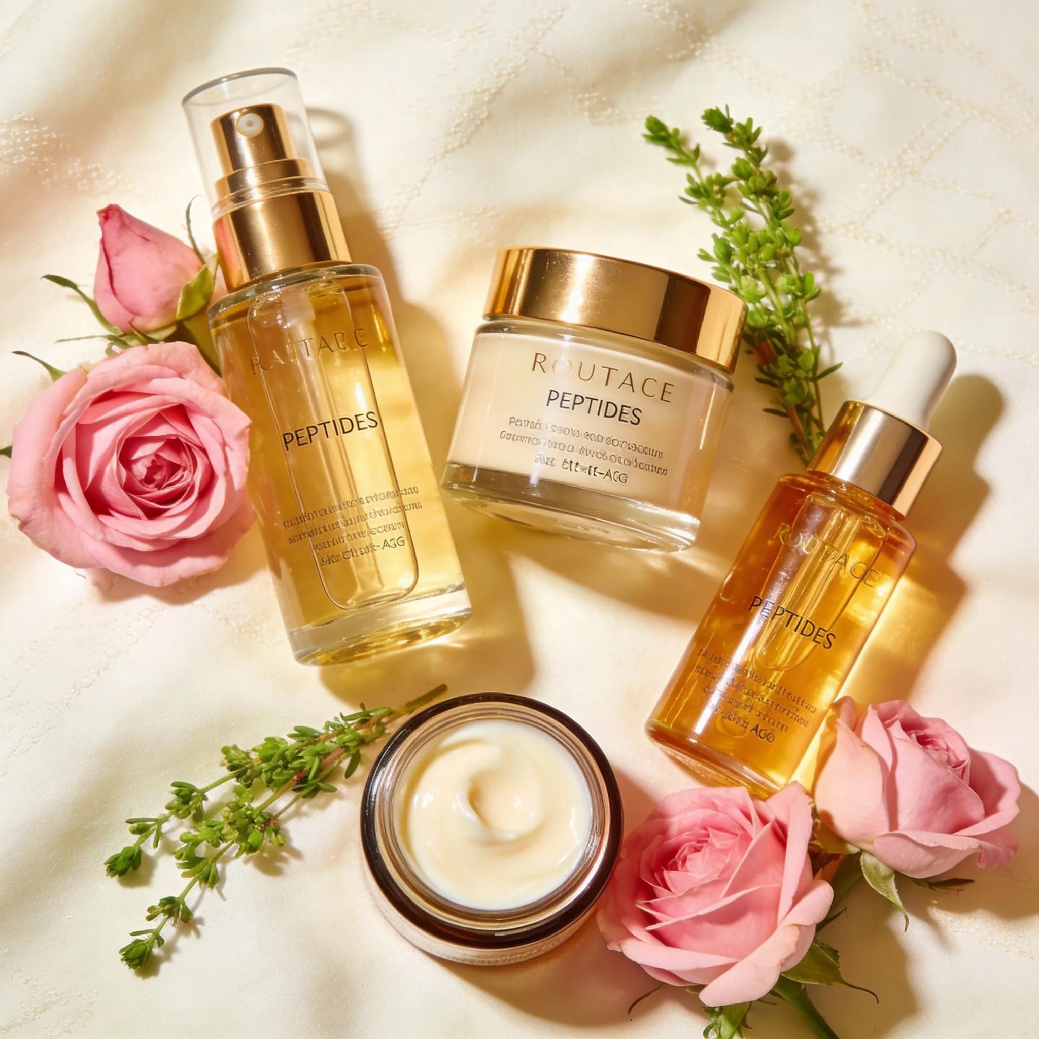 Close-up of peptide skincare products with botanical elements highlighting targeted skin rejuvenation