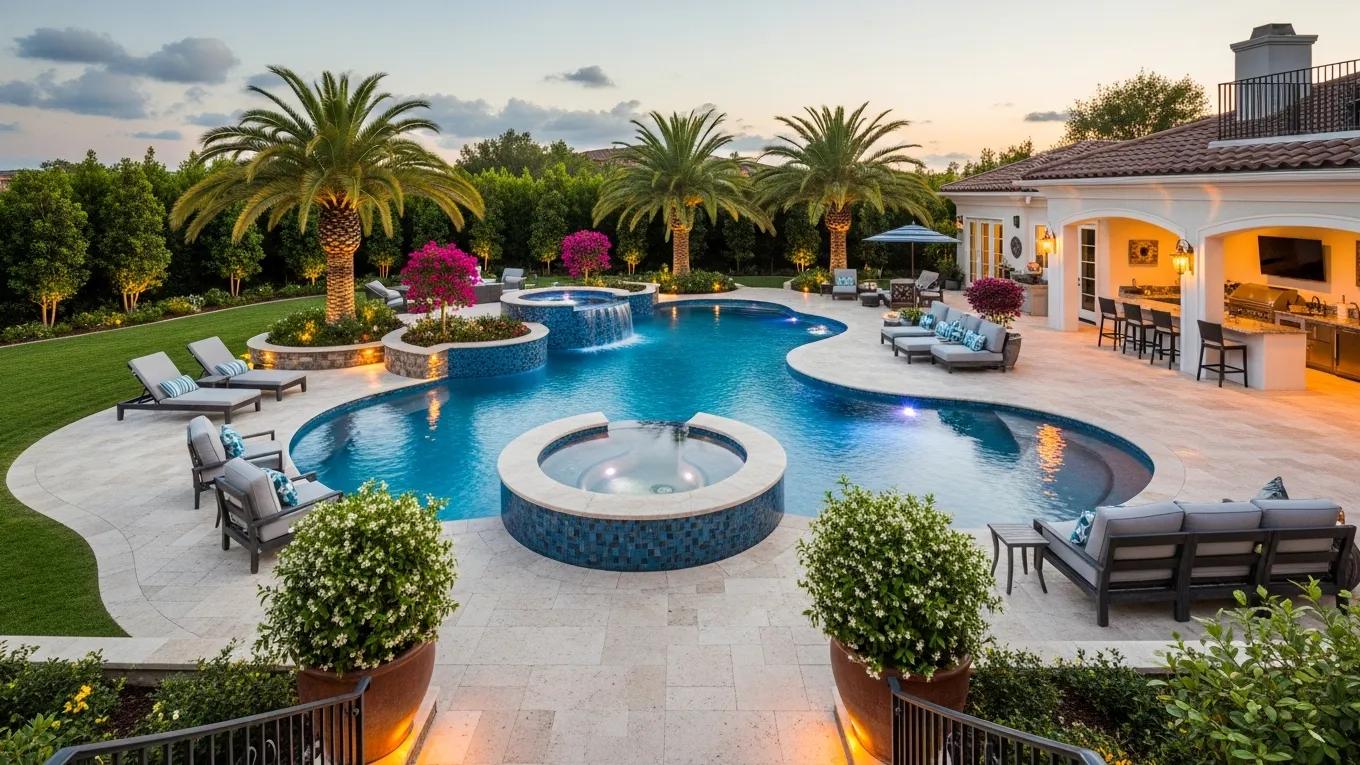 Luxurious custom pool design in a beautiful backyard with elegant landscaping Luxurious custom pool design in a beautiful backyard with elegant landscaping