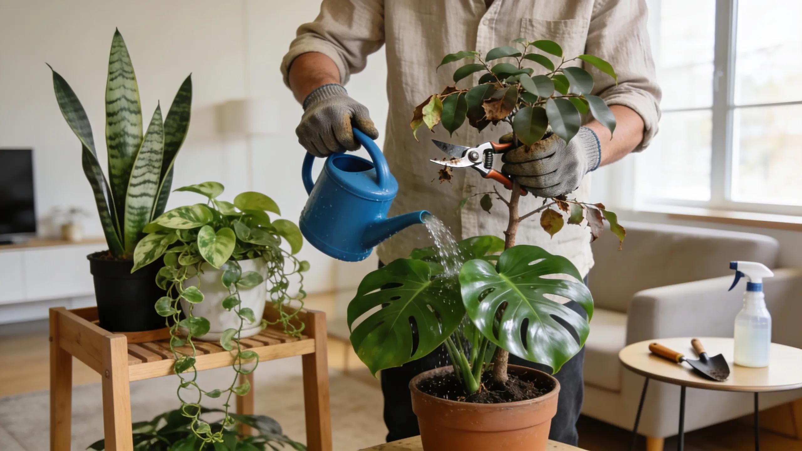 Gardener performing maintenance on indoor plants in a modern living room, showcasing care practices