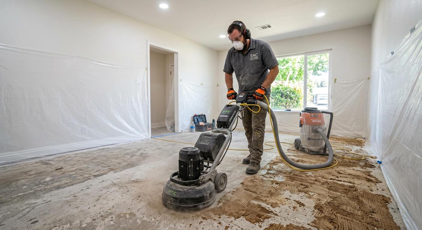 Grinding Out Old Adhesive and Getting the Slab Ready