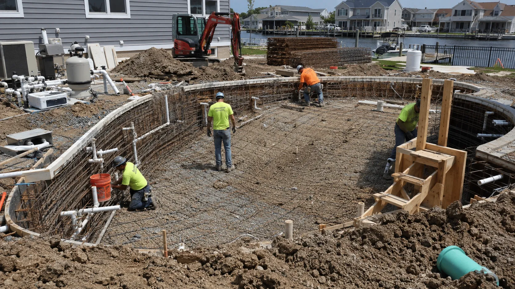 Pool construction crew working on an inground pool build in Delaware