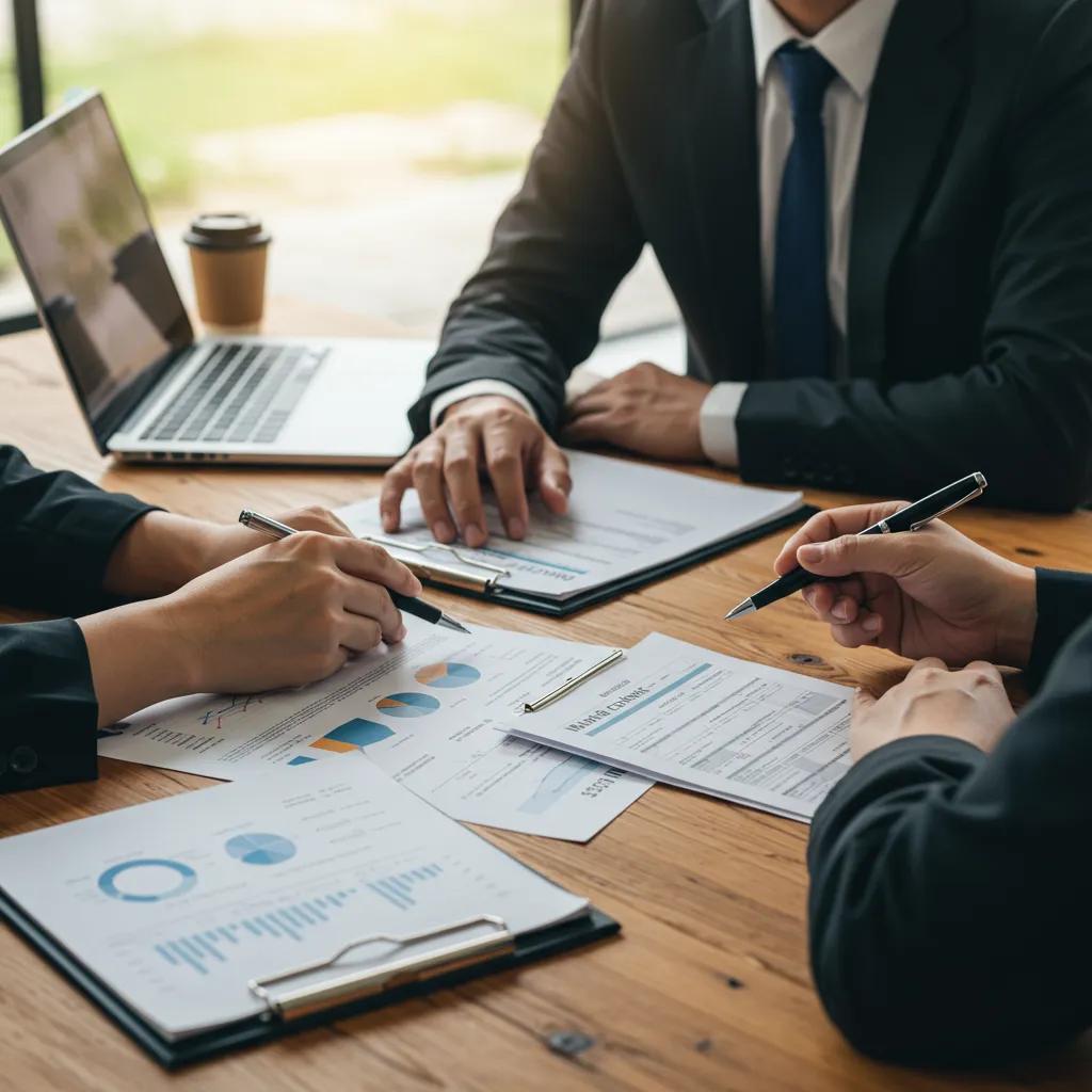 Financial advisor and client reviewing retirement strategies with documents and a laptop
