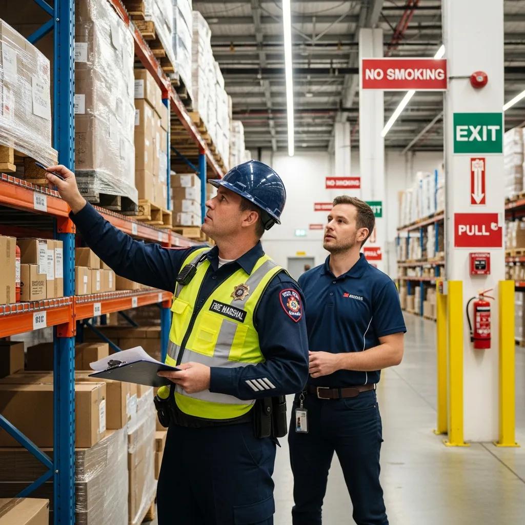 Fire marshal inspecting warehouse shelves for compliance with Texas Fire Code regulations, with a compliance officer observing, surrounded by storage boxes and safety signage.