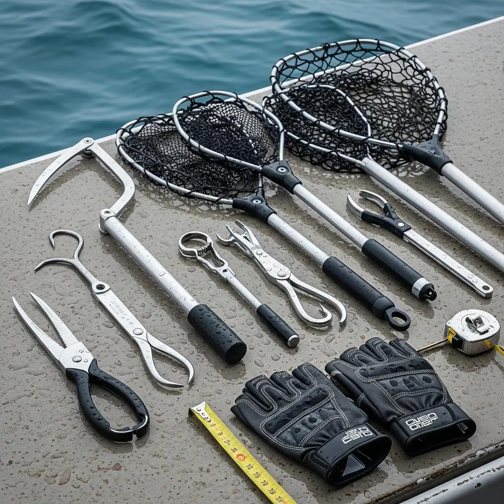 Gaffs, landing nets, and protective fishing gloves neatly arranged on a boat deck