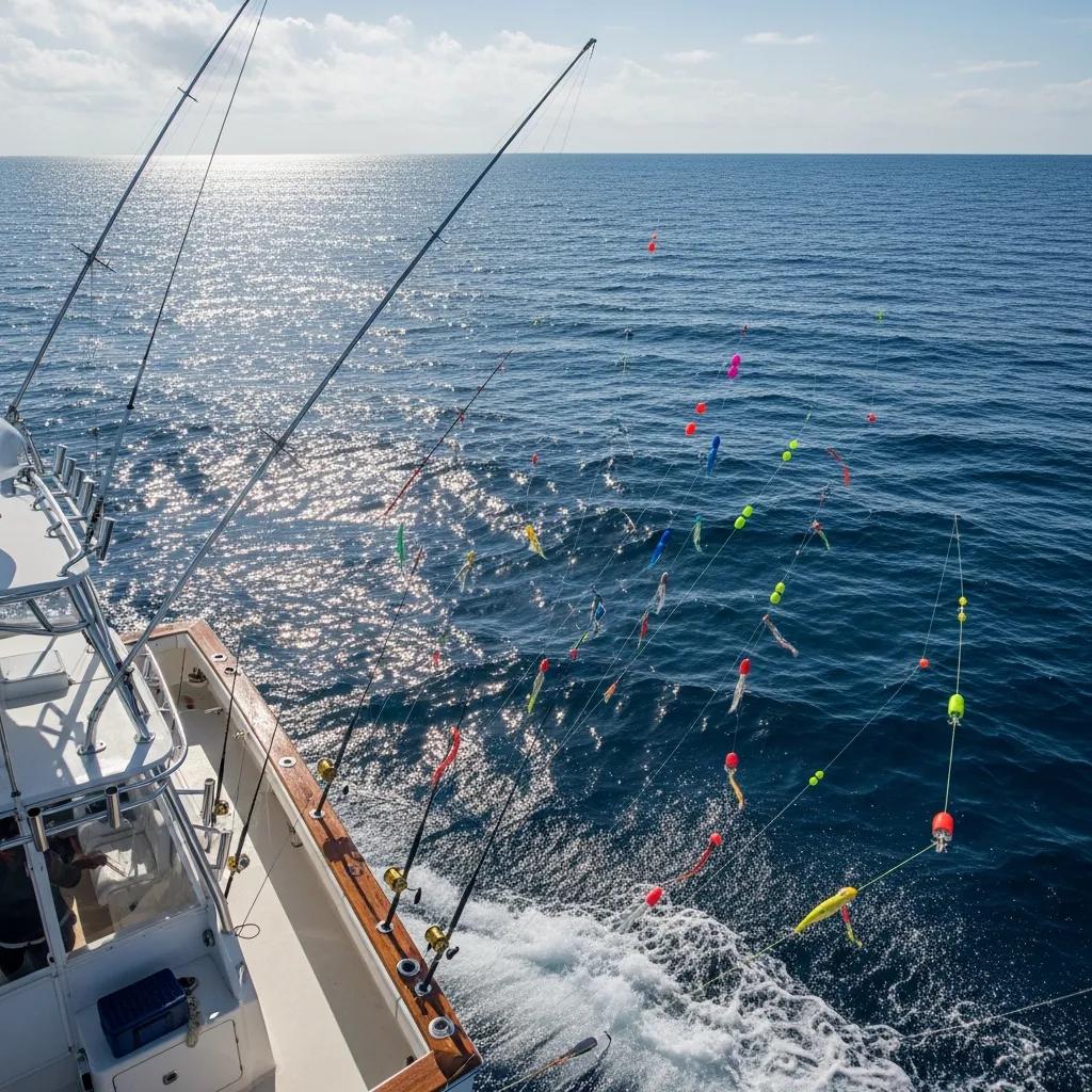 Fishing boat trolling with multiple lines deployed to show common offshore setups in myrtle beach