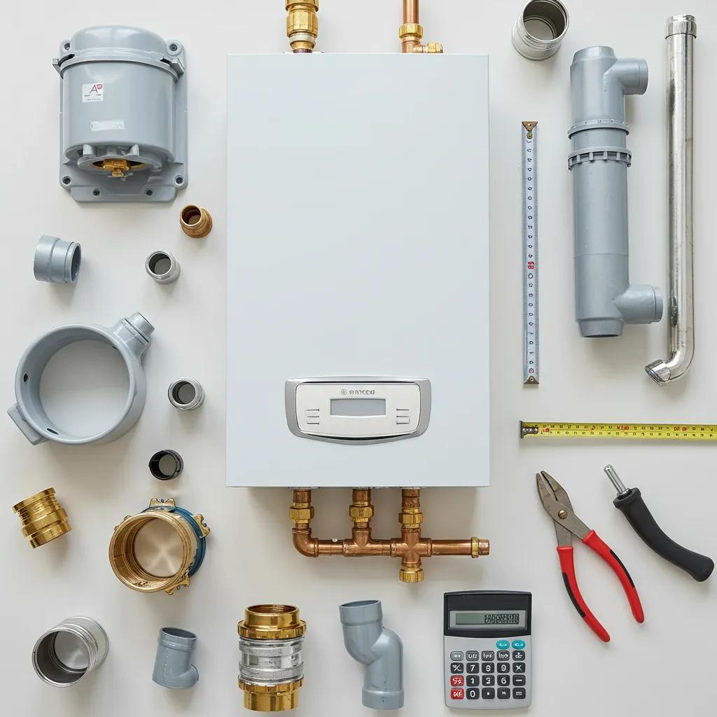 Flat lay of boiler models and components illustrating factors influencing emergency installation costs