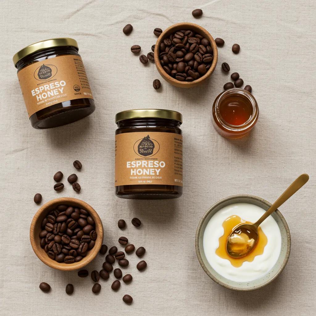 Flat lay of espresso honey, coffee beans, and yogurt, illustrating the health benefits of espresso honey