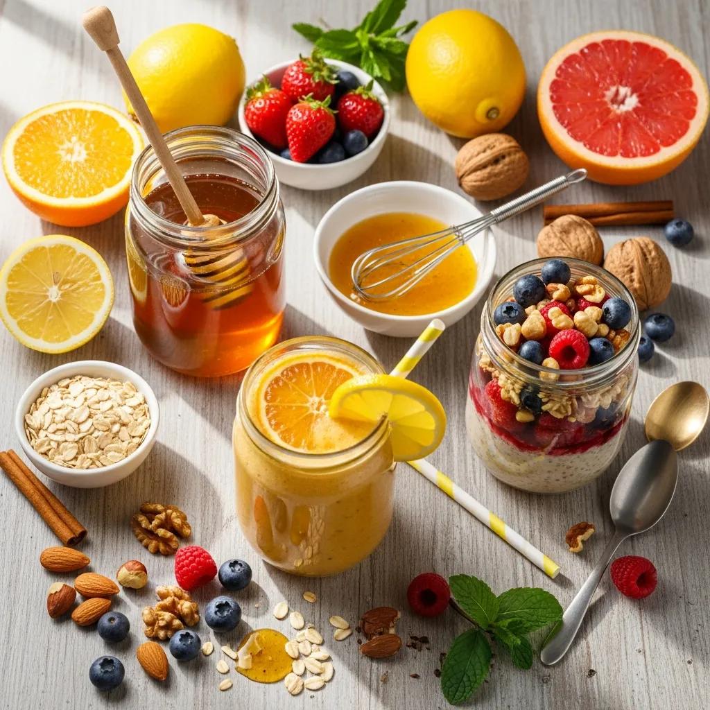 Assortment of healthy recipes featuring raw honey — smoothies, oats, and dressings